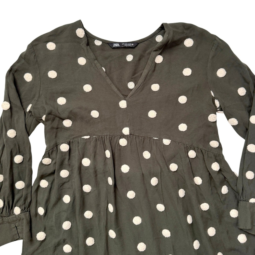 Zara Tunic Top Womens Large Olive Green Pom Pom Dot Babydoll V-Neck L - Picture 4 of 4